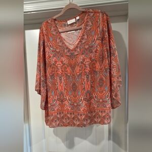 Belle by Kim Gravel Paisley V-Neck Blouse - Orange and Gray